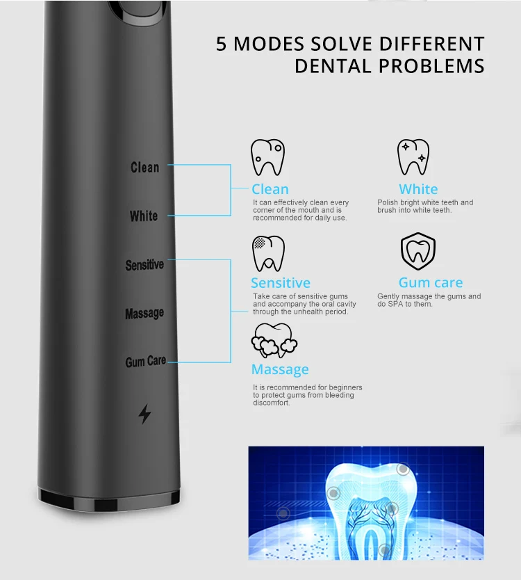 Hot Selling 2min Timer Ipx7 Waterproof Adult Sonic Cleaning Electric Toothbrush