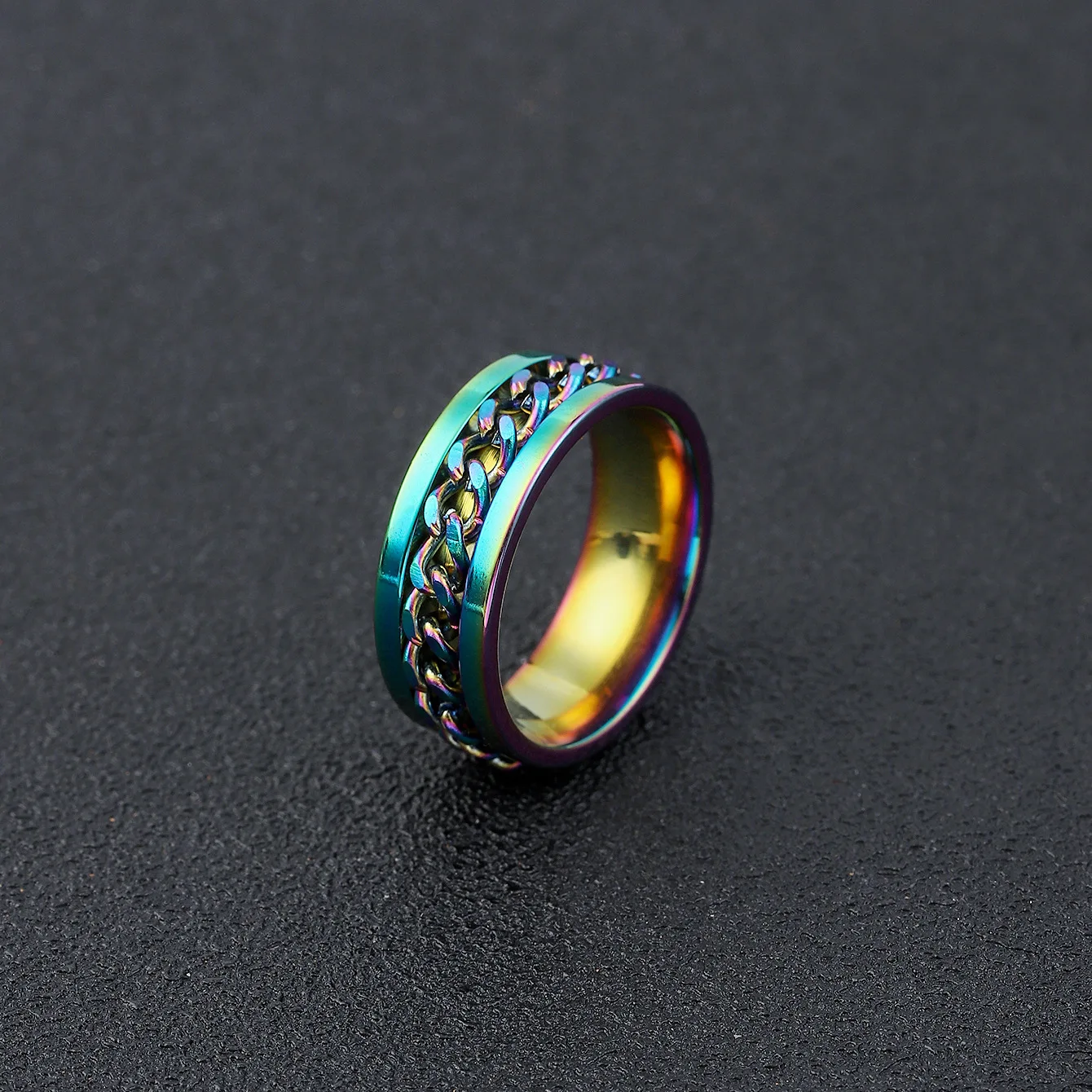 Rotate Rotating Anxiety Ring For Men Titanium Stainless Steel Chain Spinner Finger Ring Blue Black Punk Rock Hippie