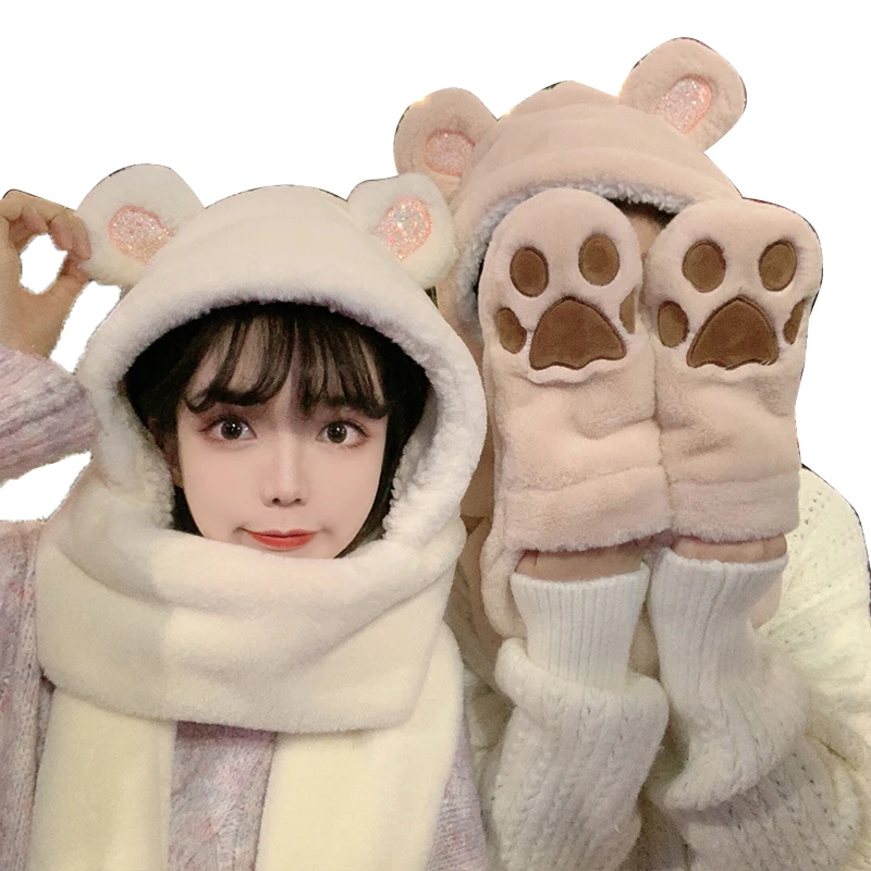 Winter 2021 new bear plush hat lady thickened scarf hat gloves a lovely warm three sets  Cute hats keep you warm