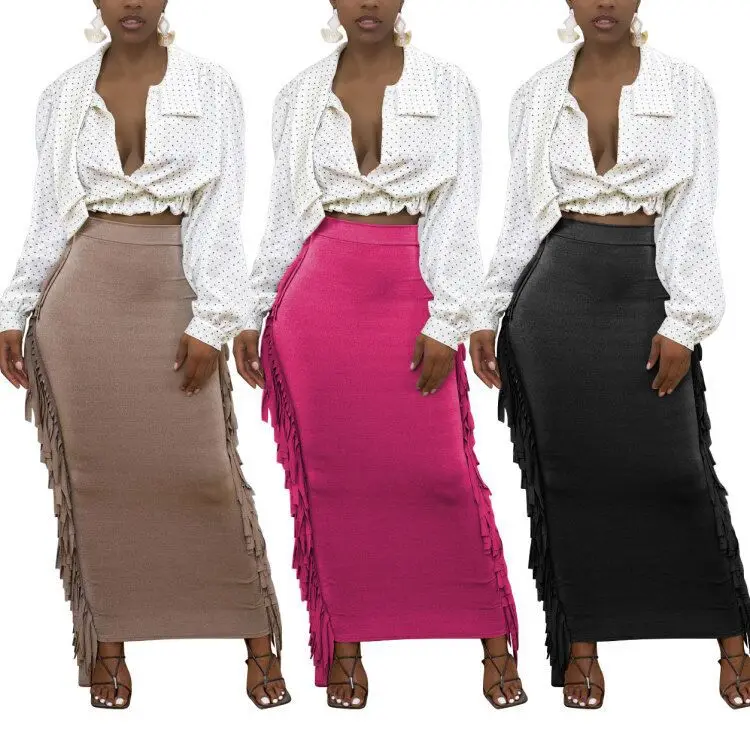  New Arrivals Fall Winter Fashionable Solid High Elastic Waist Tassel Skirt Women Long Maxi Skirts