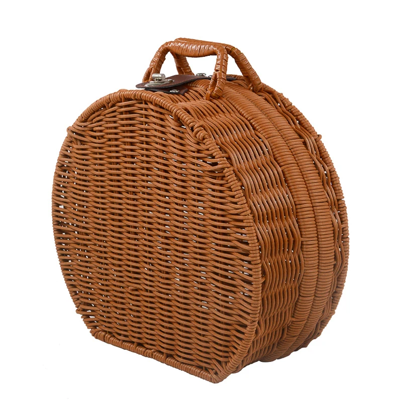 Round Wicker Beach Basket Manufacture Foldable Rattan Picnic Basket Cooler Insulated Set With Wood Lid
