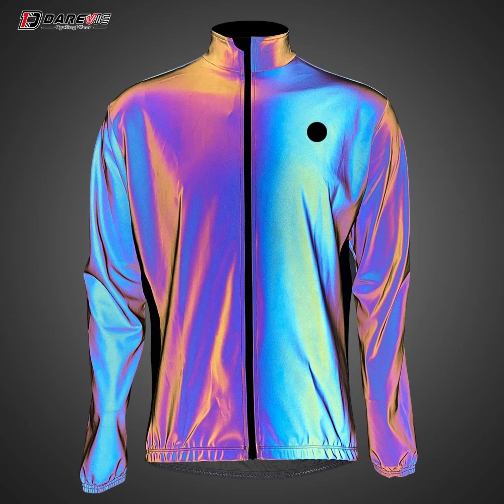 Darevie Wholesale Men Women Reflective Waterproof Night Vision 360 Cycling Jacket Rainbow Carton Stand Reflective Fabric Printed