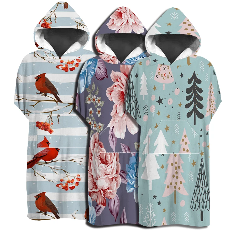 Custom Print Adult Wearable Changing Robe Microfiber Hooded Surf Poncho Beach Towel Hoodie with Front Pocket