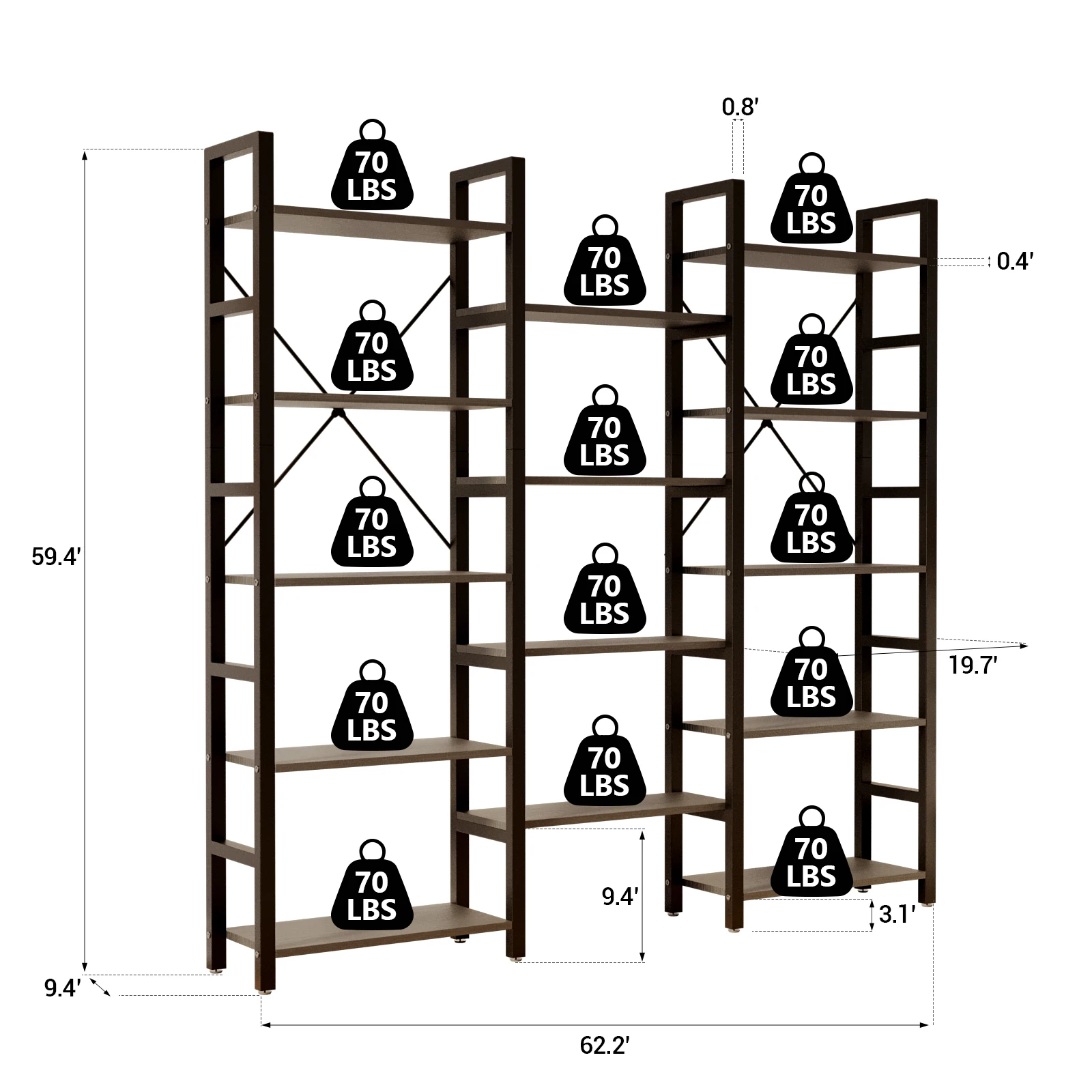 5-Tiers MDF Corner Bookshelf, Industrial Large Corner Bookcase, Wooden Book Shelves with Metal Frame for Living Room Home Office
