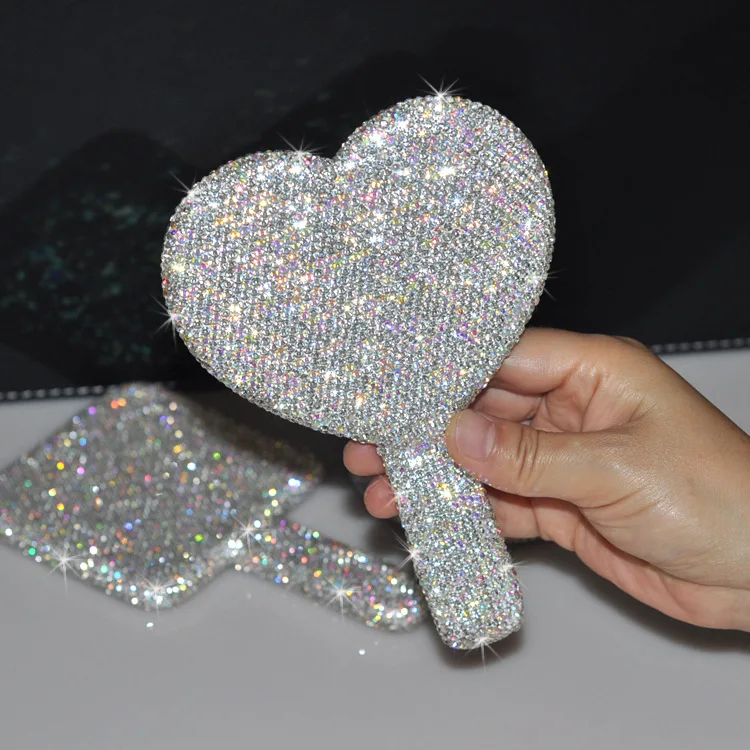 Mirrors Rhinestone Held Bling Logo Heart Small Diamond Makeup  Light Wholesale Mini High Quality Glitter Custom Hand Mirror