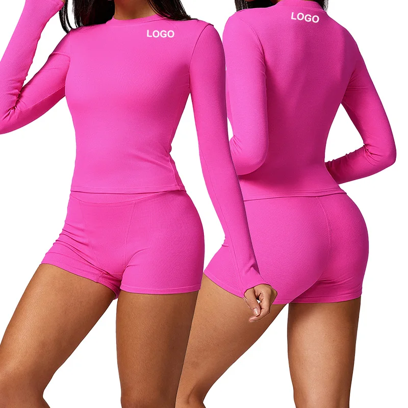 DCX8714 Women Crew Neck Super Stretchy Ribbed Long Sleeve T-shirt Slim Fit Yoga Tops Gym Fitness Workout Activewear