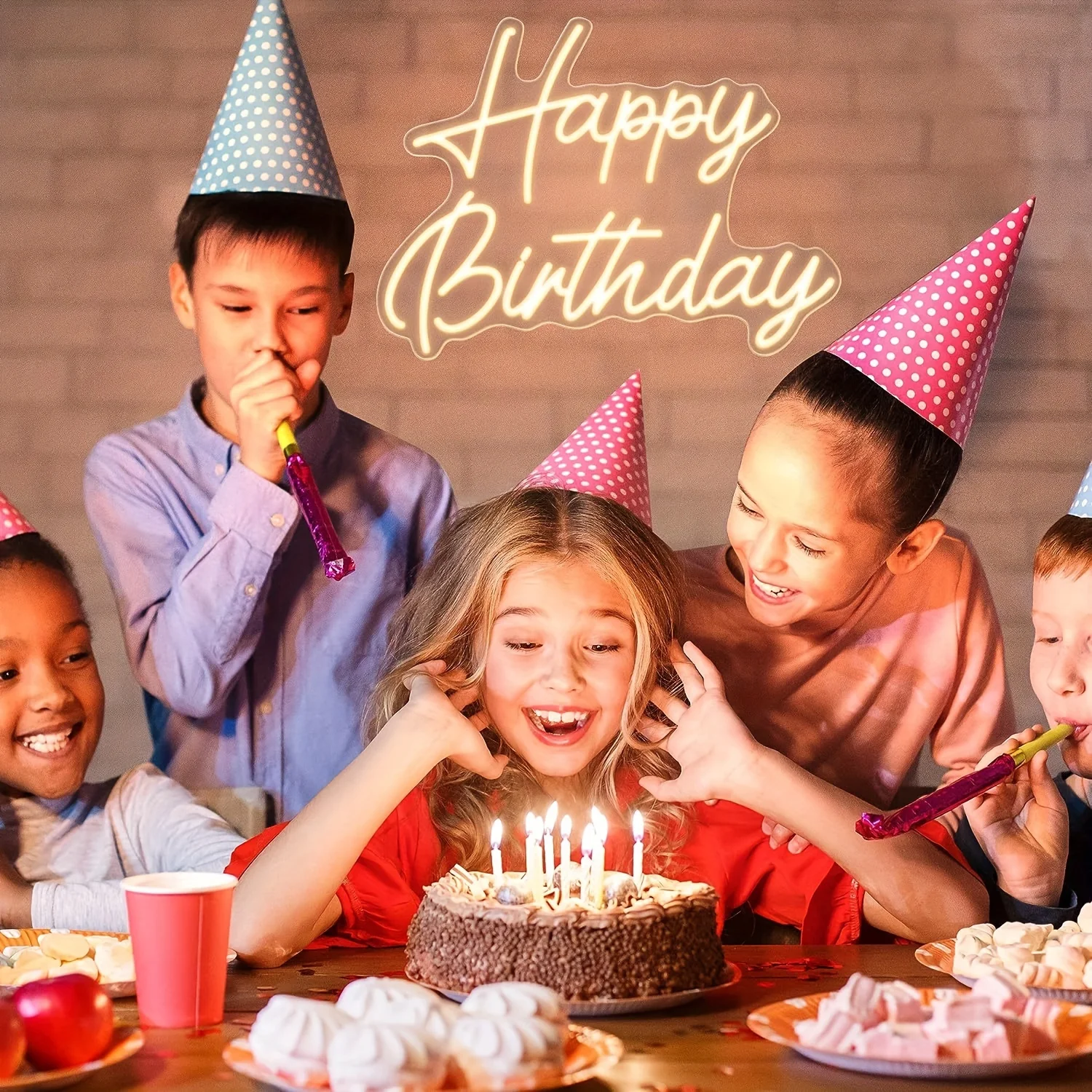 All-in-One Happy Birthday LED Illuminated Sign Warm White Neon Light for Home Bedroom Dorm or Party