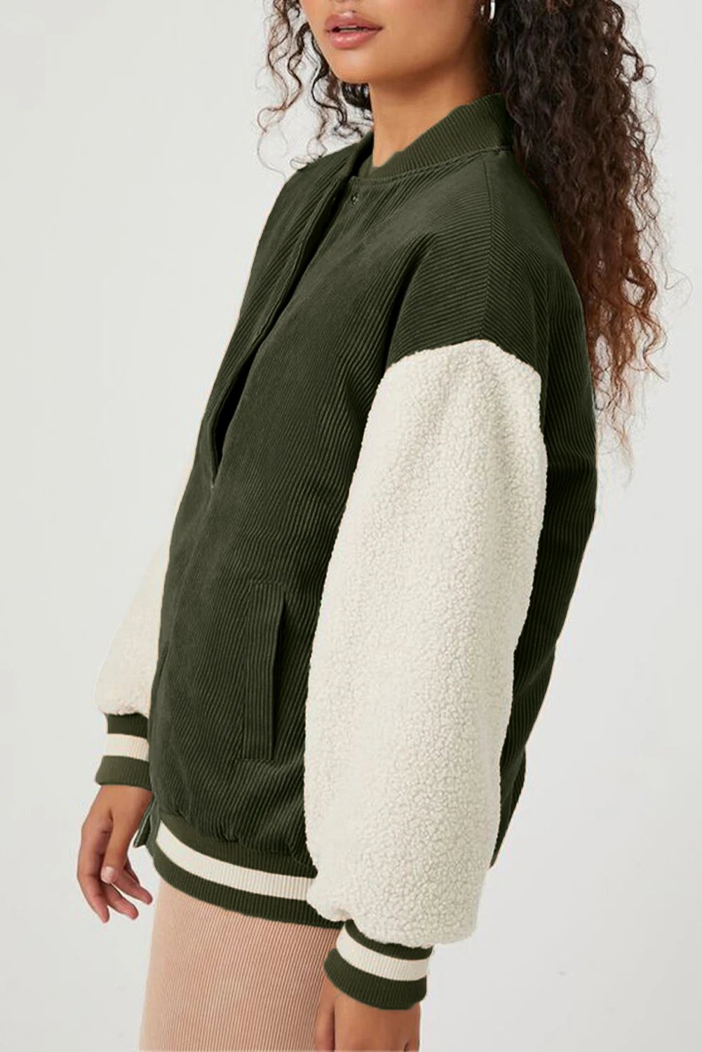 Dear-Lover Mist Green Corduroy Fleece Patchwork Buttoned Bomber Women Jacket Winter