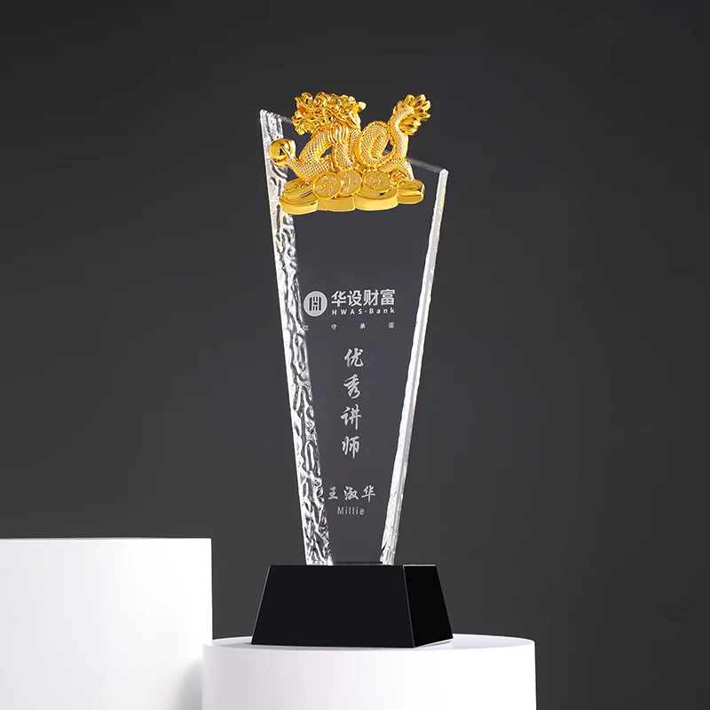 Slap-up Gold Metal Dragon Statue Customized Art Crystal Base Trophy Award With Gift Box