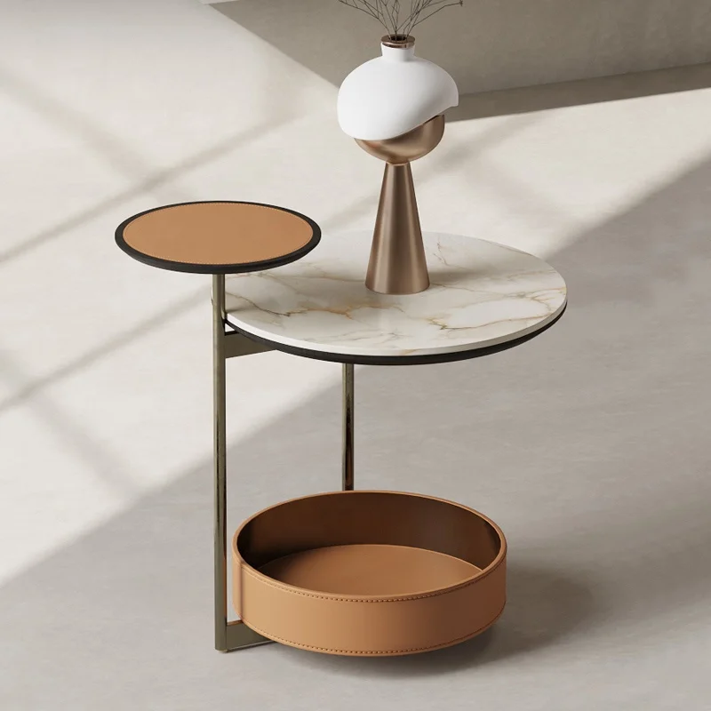 Modern minimalist living room furniture round stainless steel frame coffee table saddle leather hotel coffee table