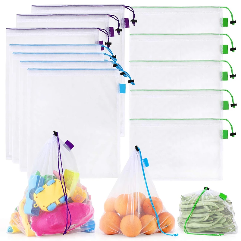 Heavy Duty Reusable RPET Polyester Mesh Produce Bags Food Safe Grocery Shopping Mesh Drawstring Bag for Fruits and Vegetable