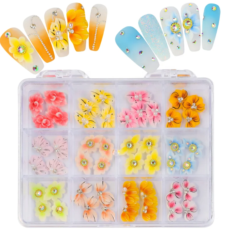 48pcs/box Hand-carved nail decoration resin simulation flower nail charms
