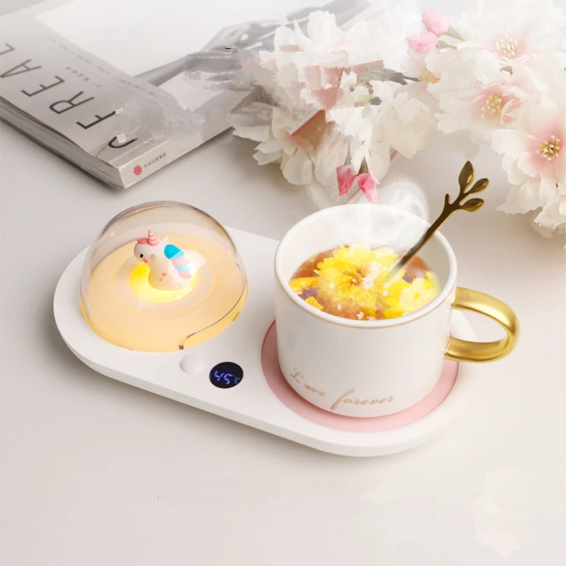 Cup Warmer Heater Mug Heating Coaster Smart Thermostatic Hot Plate Milk Tea Water Heating Pad with Aromatherapy Lamp For Home