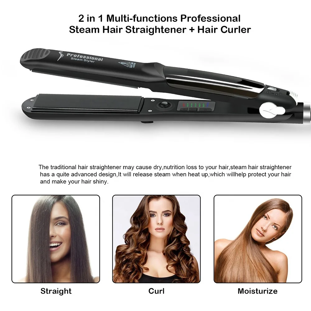 2 IN 1 Professional Steam Flat Iron Salon Ceramic Tourmaline Vapor Steam Ionic Straightening Iron Steam Hair Straightener