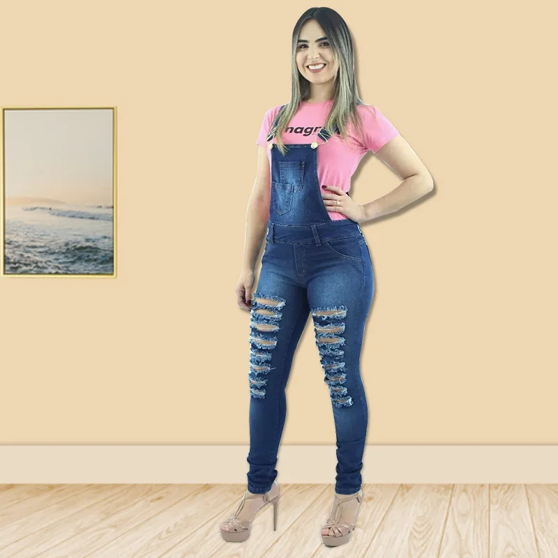 2021 Новое поступление осенний Африканский женский комбинезон без рукавов однотонный Повседневный облегающий голубой джинсовый с дырками