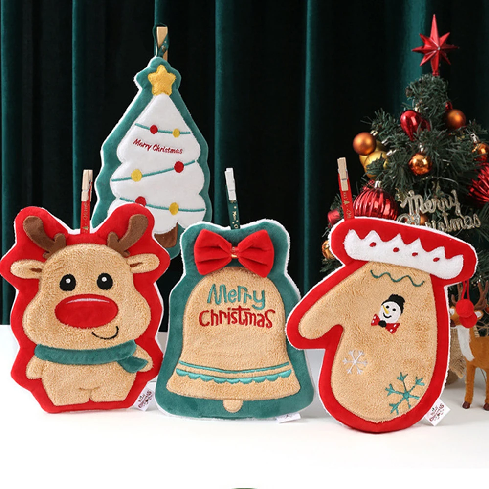 Christmas hand towel coral fleece elk Christmas tree absorbent quick-drying cartoon handkerchief Christmas Hanging Towel