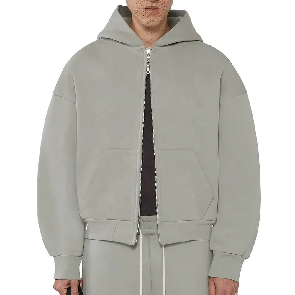 custom logo high quality essentials 100% cotton fleece zipper hoodie boxy fit heavyweight cropped full zip up hoodie
