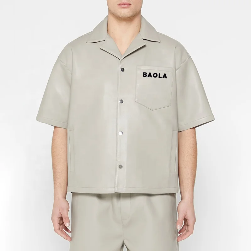 SUMMER FASHION BOXY VEGAN LEATHER SHIRT MEN SIDE WELT POCKET SHORT SLEEVE CASUAL LEATHER SHIRT