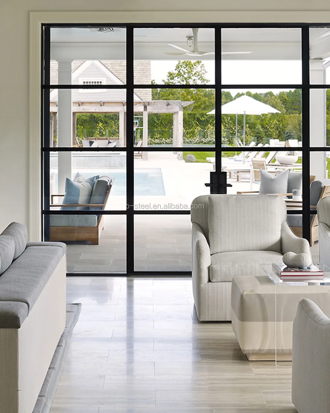 Crittal double glazed tempered glass matte black powder coated steel doors and windows with grill design