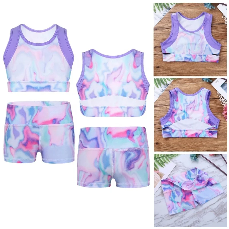  Kids Girls Colorful Stretchy Sleeveless Tanks Crop Top And High Waist Dance Shorts Bottoms Sports Gymnastic ballroom