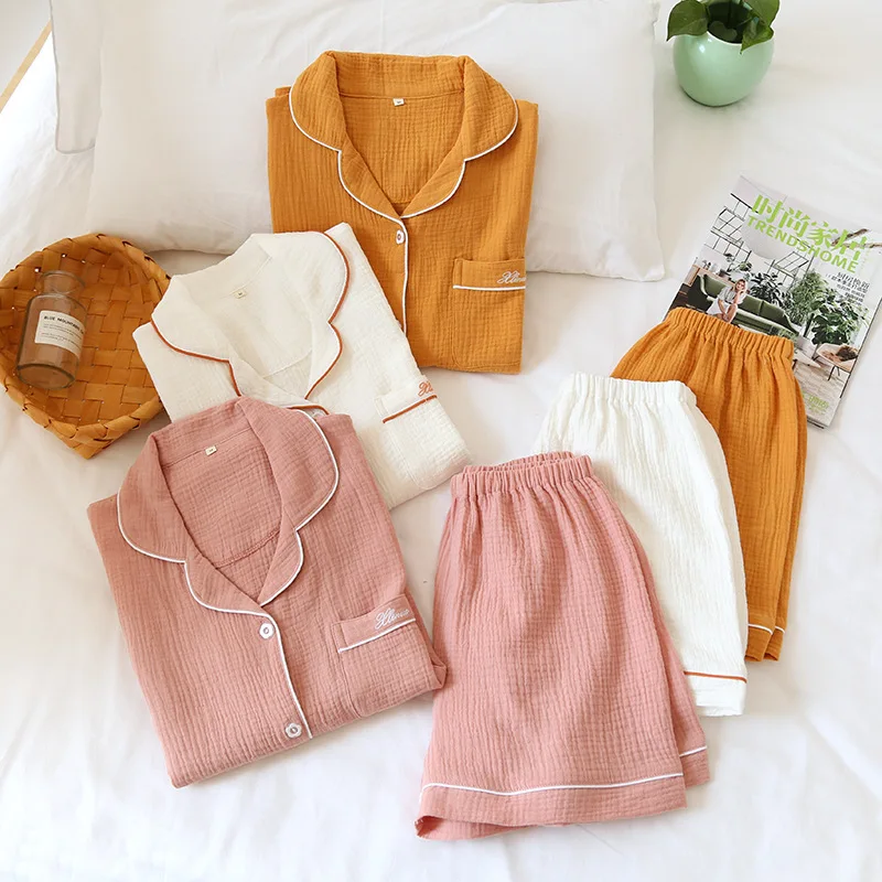 
Couple 100% Cotton Pajamas For Women Summer Short Sleeve Tops + Shorts Men Home Suit Solid Loose Homewear Female Sleepwear Set 