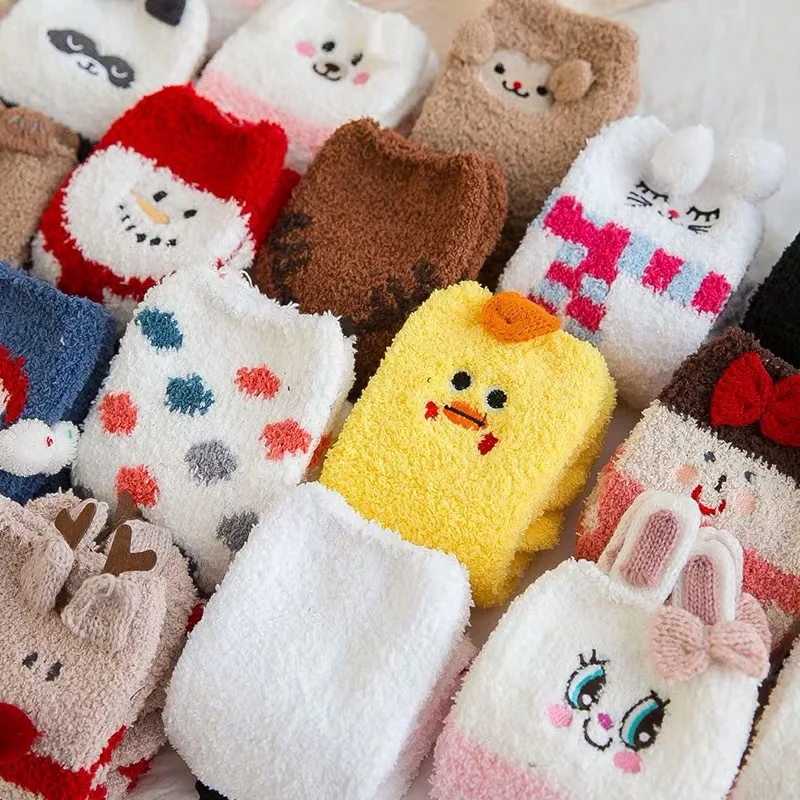 Fluffy coral fleece polyester warm Cartoon animal socks, Christmas home floor socks, Warm Sleeping crew mid-calf socks