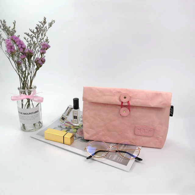 Custom Logo Tyvek Cosmetic Bag Top Folding Waterproof Pink Makeup Organizer Bag
