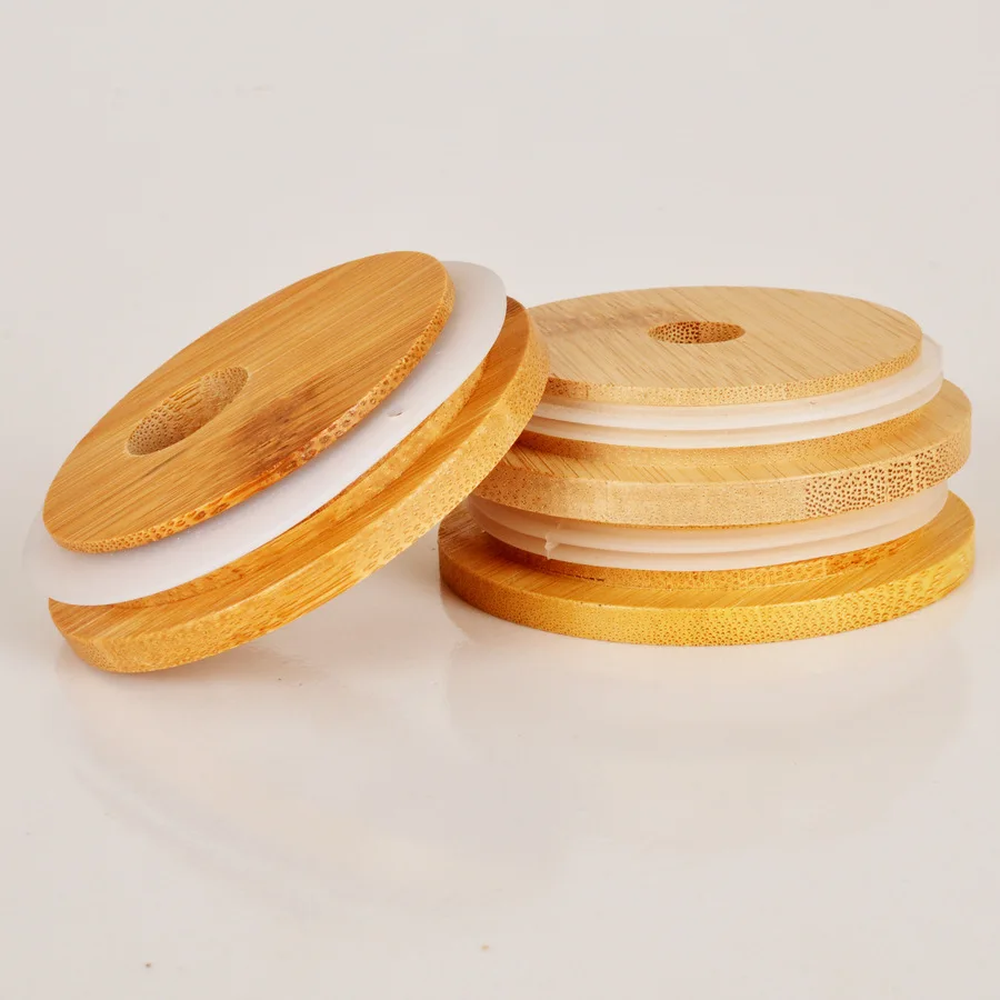 Food Grade Natural 86mm 70mm Regular &Wide Mouth Bamboo Lid with 15 mm Straw Hole for Glass Mason Jar