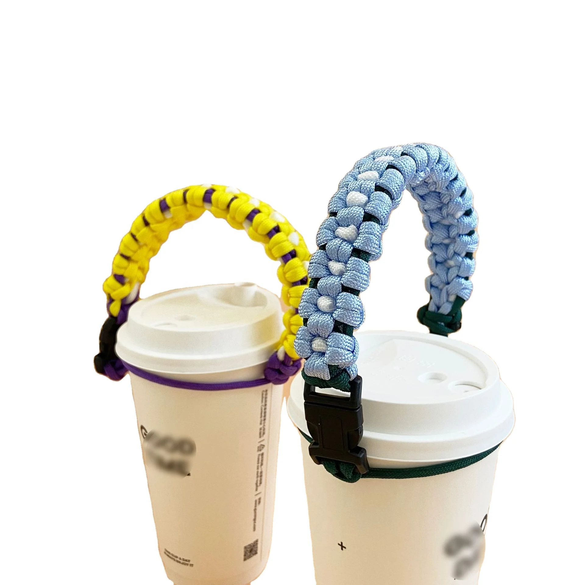 Multi Color Braided Paracord Sunflower weaved coffee cup Carrier hiking camping bottle holder with Survival carabiner