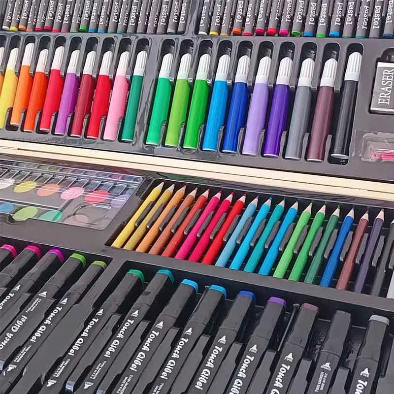 Deluxe Kids Gift Stationery Drawing Set 188pcs Wood Box Portable with marker pen Creativity Painting Art Set