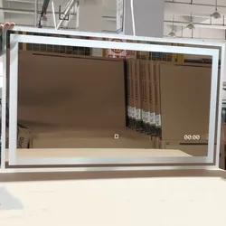 Custom Rectangle Heat defogger led bathroom mirror with brightness lights bluetooth and speaker Vanity Mirror With Clock