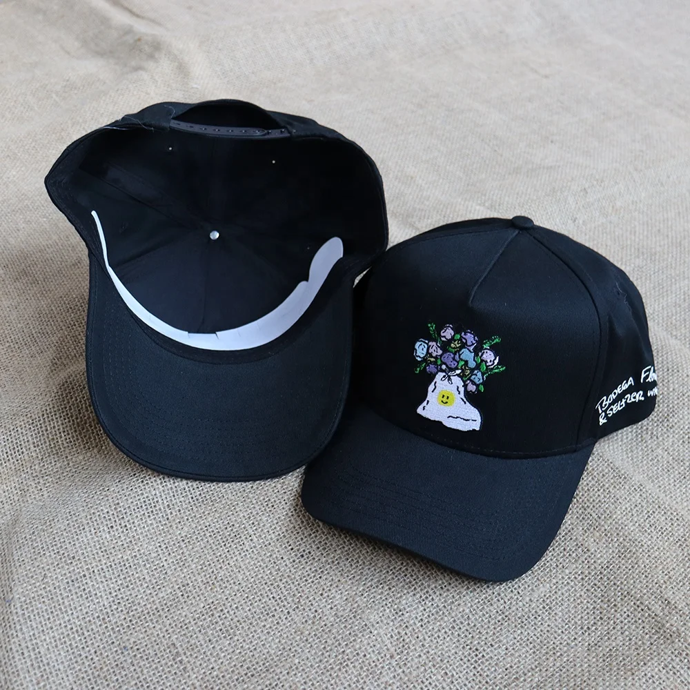 Simple unique 5 panel black baseball cap with logo cotton cap Sports cap for men and women