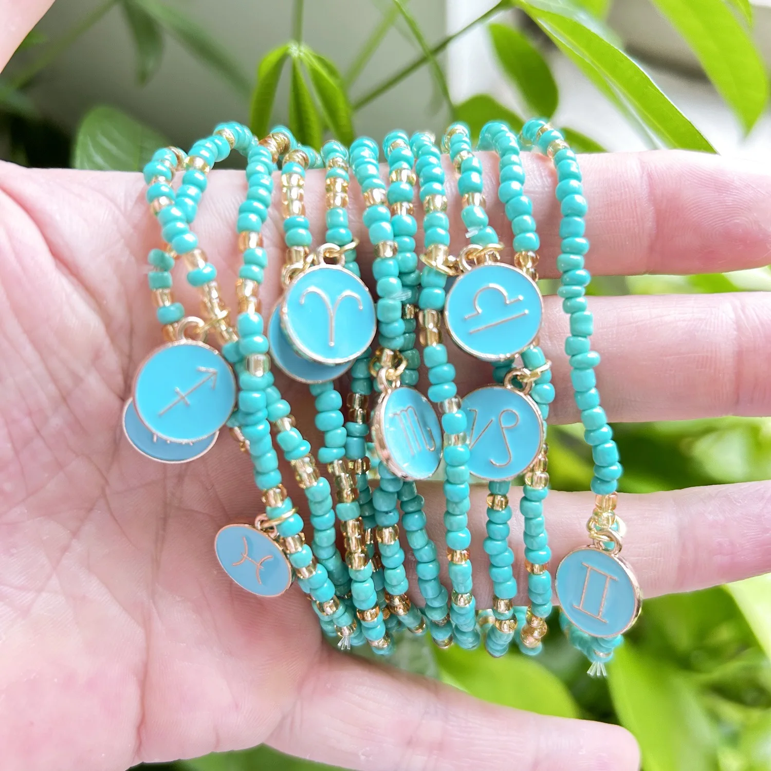 Summer Beach Bohemian Style Turquoise Seed Bead Enamel 12 Zodiac Charm Bracelet for Men Women