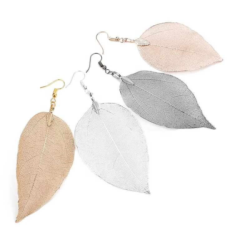 Fashion Jewelry Classic Natural Real Leaf Earrings Assorted Colors Filigree Recycled Pendant Earrings for Women