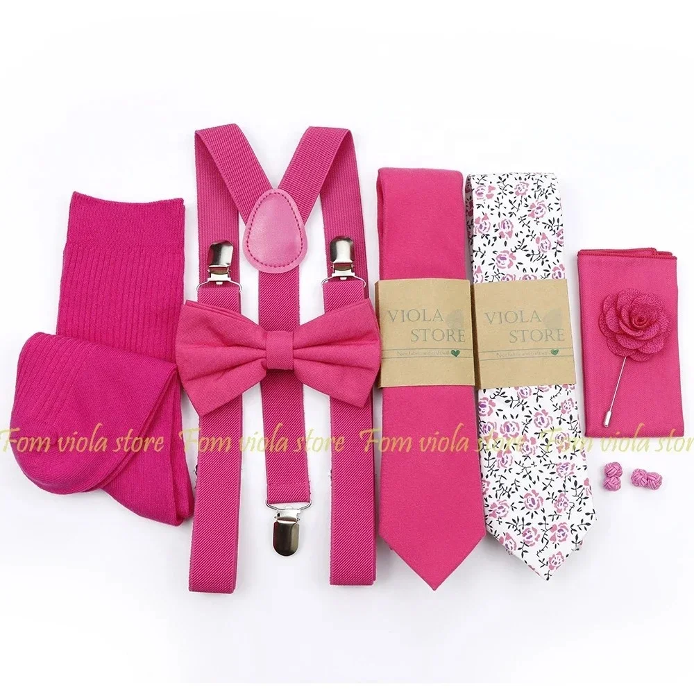 Hot New Rose Pink Color Solid 2.5cm Suspender Sock Tie Hankie Bow Set Men Kid Cravat Brace Adjustable Wedding Party Accessory
