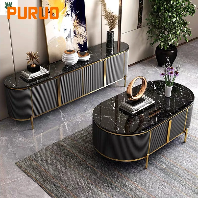 PURUO luxury home use living dining room furniture stone top MDF wooden cabinet buffet console table with storage