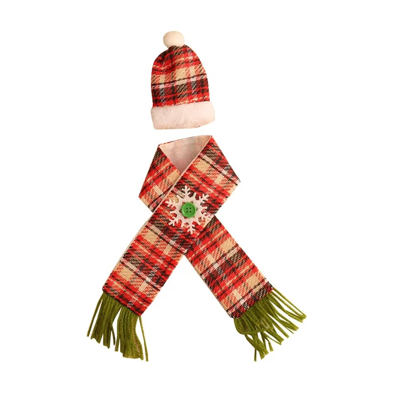 BSCI SJ0607 Hat and Scarf Set Merry Christmas Decor Wine Bottle cover Plaid Home Santa