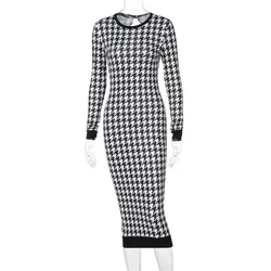 Wholesale fall winter ladies slim long sleeve round neck back hollow backless Nipped Waists print houndstooth women dress