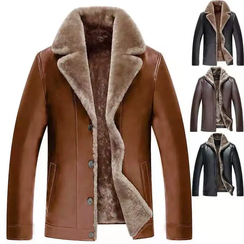 waterproof and windproof winter leather jacket for men Thickened outdoor coat  Fur in one single breasted jacket