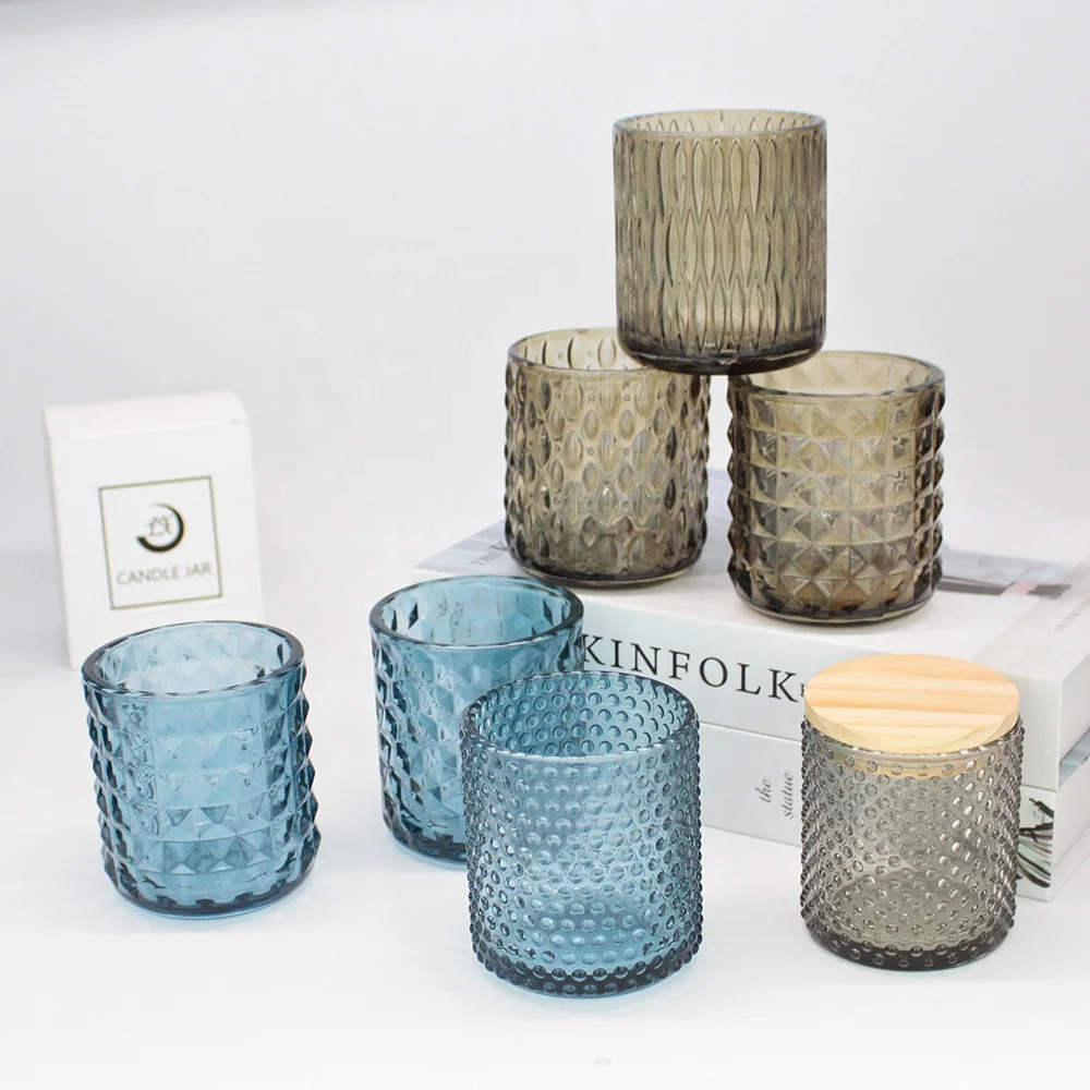 FENGJUN  wholesale custom various pattern design 8 oz  translucent embossed surface textured bule brown glass candle jar vessel