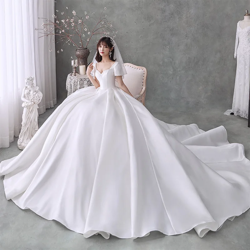 ZX-462 A-Line Wedding Dress Puff Sleeve Bride Dresses Graceful Strapless Simple Elegant Satin Bridal Gowns Vestido De Novia