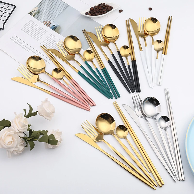 Jieyang new wedding beauty cheap wholesale stainless steel 4pcs flatware gold cutlery set