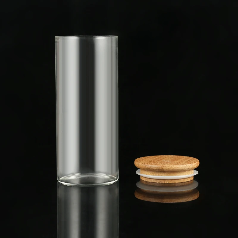 Factory Custom Tube Shaped Glass Bulk Food Containers Glass Spice Jar Cork Lid Borosilicate Glass Storage Jar With Bamboo Lid