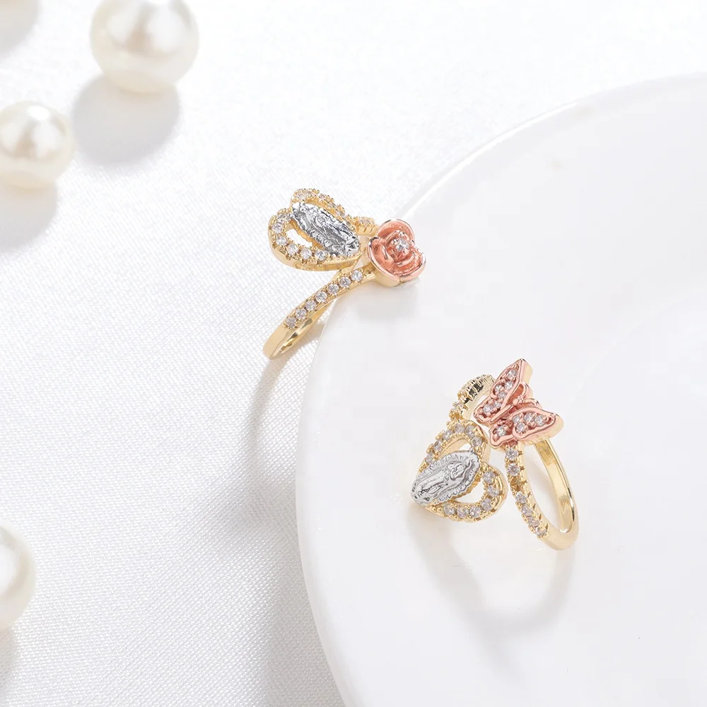 Oro 14K вирген гуадалуп последовательный пророк бабочка мульти-циркон вишневый цвет Мэри кольцо защита ювелирные изделия