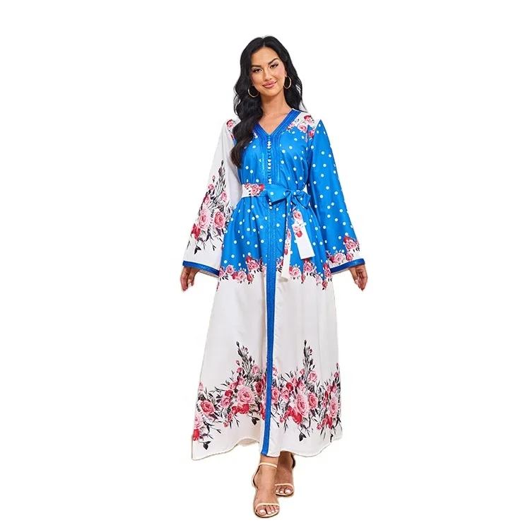 2023 New Satin Print Muslim Kaftan Women Lace Abaya For Prom Arab Fashion Party Dress  Elegant Islam Turkey Muslim Robe