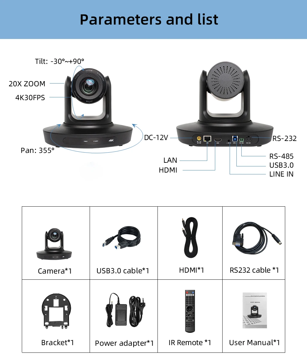 USB3.0 POE 4K PTZ Camera 20X Optical Zoom PTZ Camera 4K HDM I PTZ Webcam for live streaming church conference system