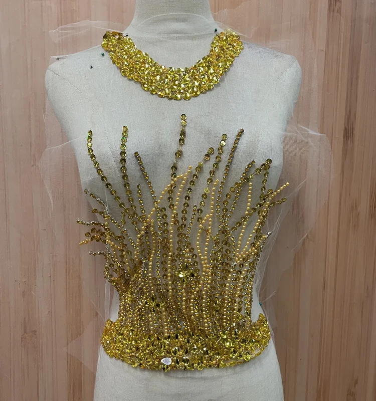 Round neck hot diamond applique hand stitched mesh flower piece beaded sequins clothing  wedding dress decorative accessories