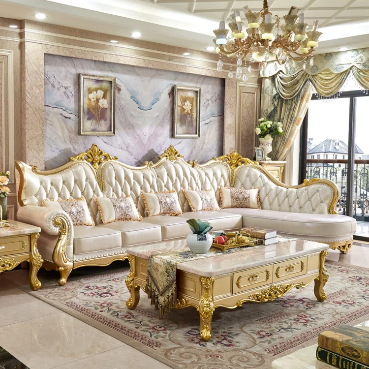 Chuangdian Foshan Factory Solid Wood Carved Villa 1+3 Seat Chaise Seat Luxury European Style Living Room Genuine Leather Sofa