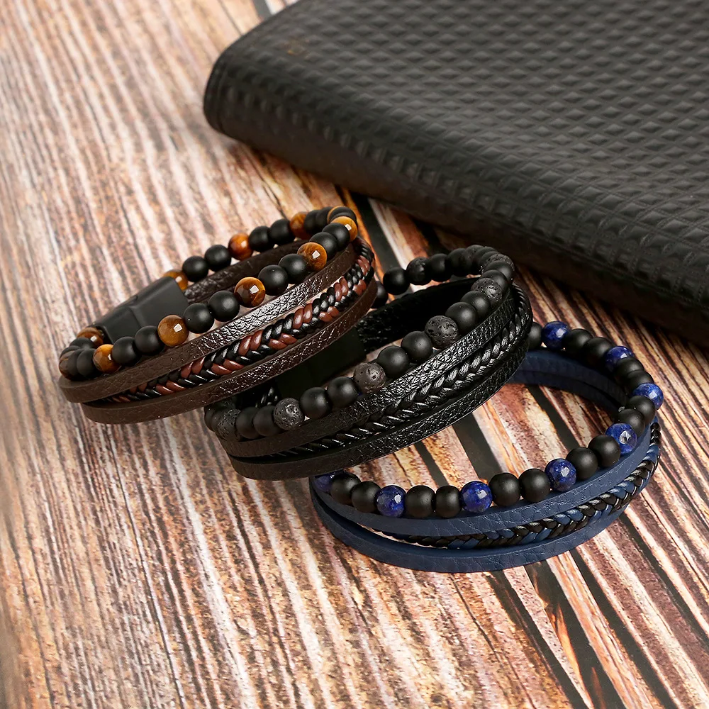Best Selling Hand Woven Magnet Buckle Beaded Multilayer Leather Bracelet For Family Gifts