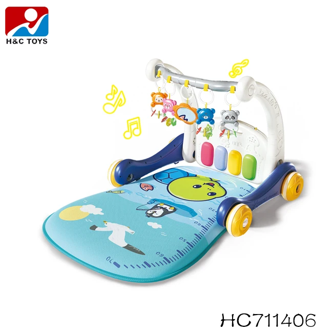 Cute rattle pendant gym rack pedal piano mat 2 in 1 toddler walker multifunction play mat for baby